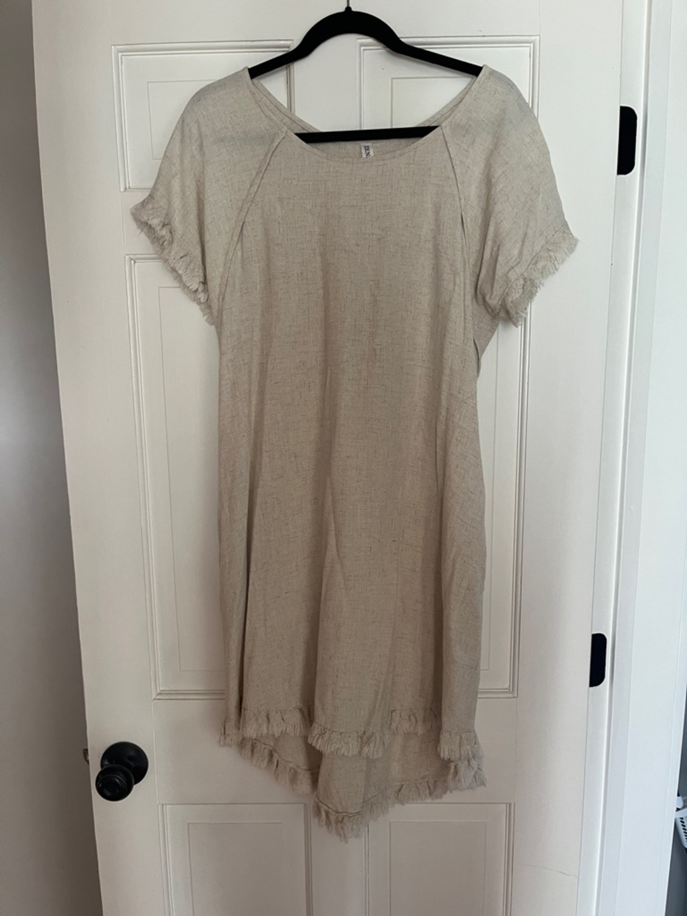 Zenana Outfitters Natural Fringe Hem Short Sleeve Shift Dress